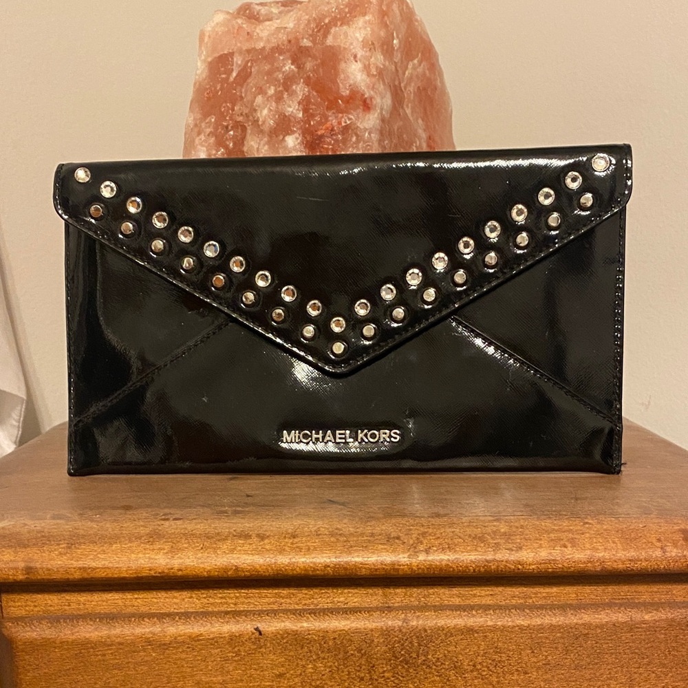 Michael Kors Black Patent Studded Clutch